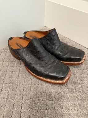 Lucchese Black Ostrich Slip-On Loafers with Tan Welt